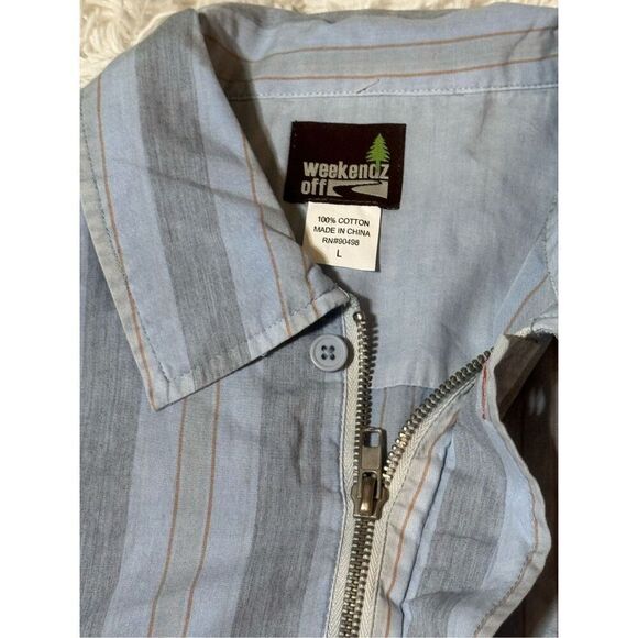 Weekendz off short sleeve button up with zipper pocket blue stripe  shirt L - Picture 4 of 5